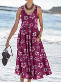 Women's Retro Floral Pattern Tank Top Dress with Pockets