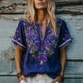 Women's Floral Embroidery Art Linen V-neck Shirt elevenforest