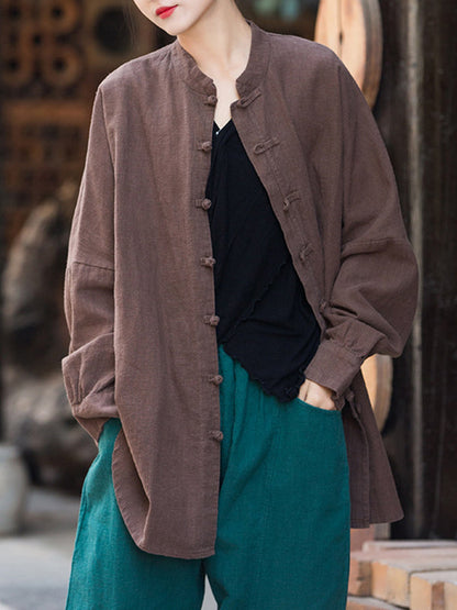 Batwing Sleeves Loose Chinese Frog Buttons Pleated Color Split-joint Stand Collar Blouses