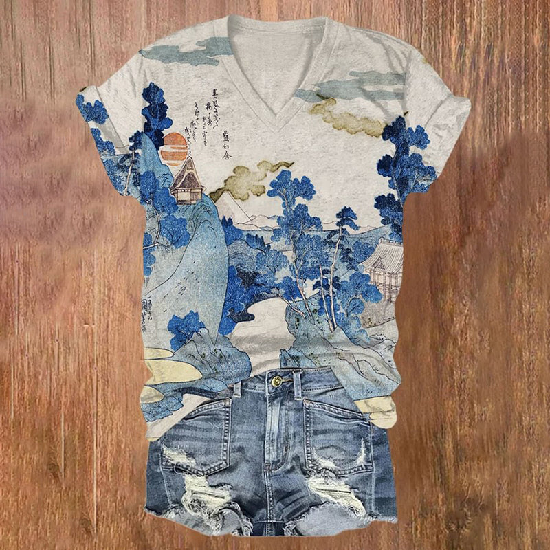 Women's Landscape Art Print Casual V Neck T-Shirt elevenforest