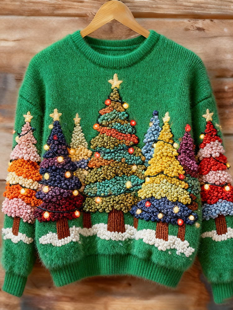 Comstylish Vintage Colorful Christmas Tree Green Round Neck Sweater