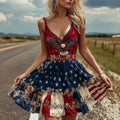 Women's Vintage Independence Day Flag Eagle Print V-neck Sleeveless Mini Dress elevenforest