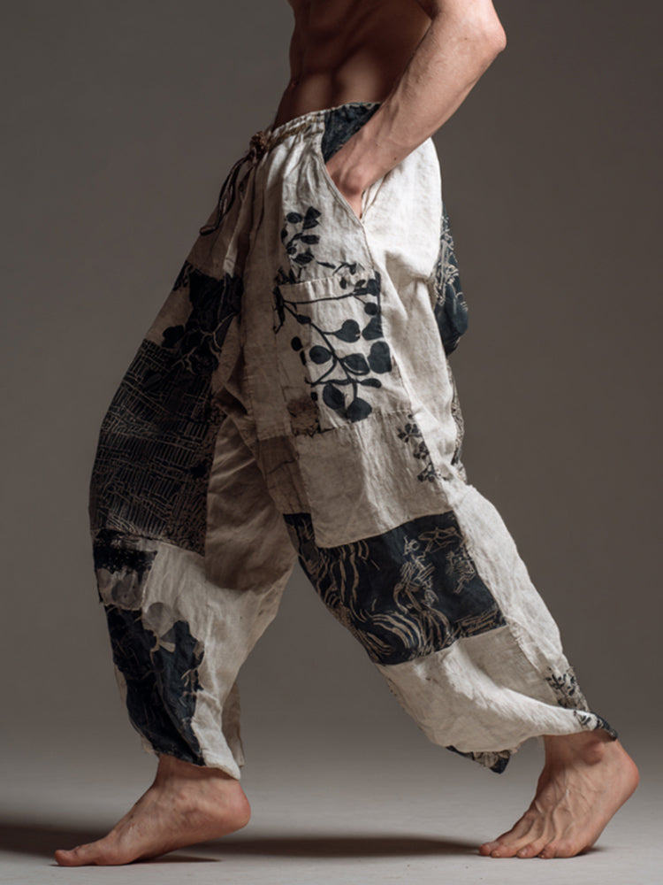 Japanese Style Patchwork Plant Print Casual Cotton Linen Trousers elevenforest