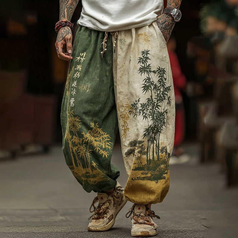 Men's Retro Japanese Bamboo Art Print Casual Pants elevenforest
