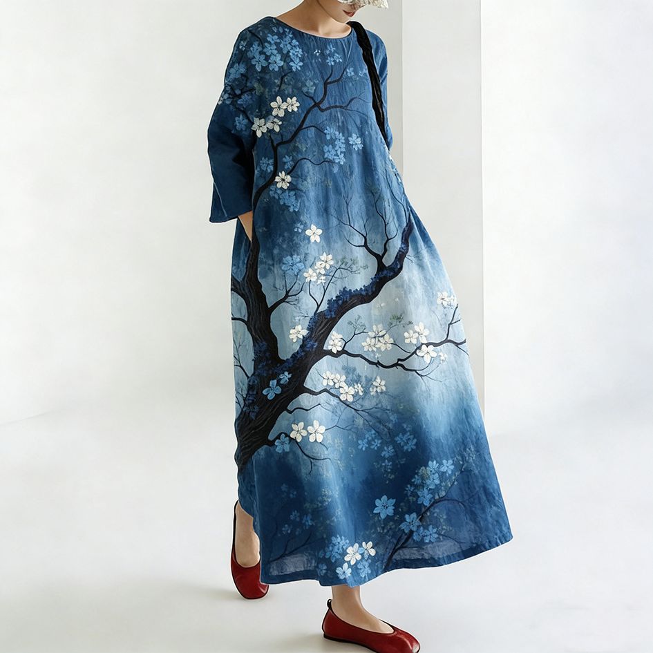 Comstylish Japanese Art Retro Plant Flower Printed Dress