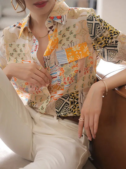Long Sleeves Loose Buttoned Pockets Printed Lapel Blouses&shirts Tops