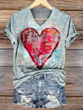 Women's Vintage Graffiti Heart Art Pattern Print V-neck Casual T-Shirt