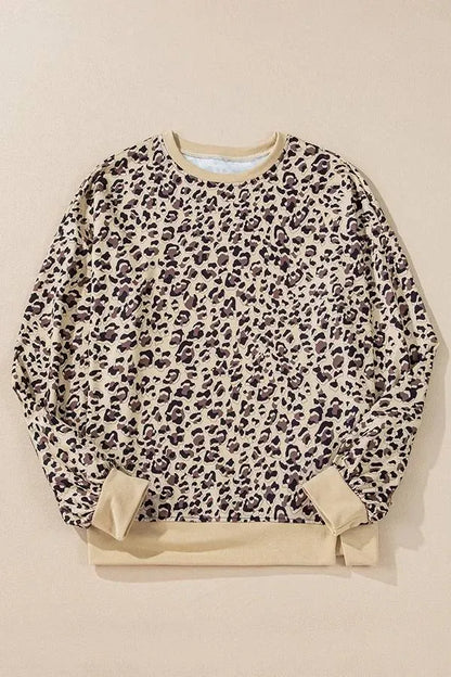 Leopard Print Crew Neck Patchwork Long Sleeve Loose Sweatshirt