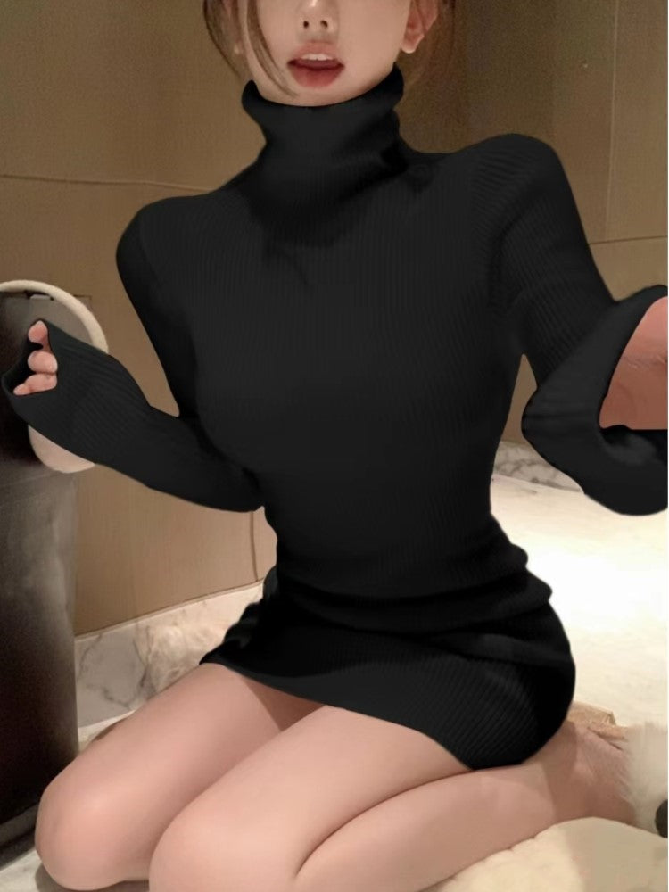 Korean Style Knitted Dress Long Sleeve Turtleneck Autumn Simple Mini Dresser Y2k Wrap Hip Vestidos New