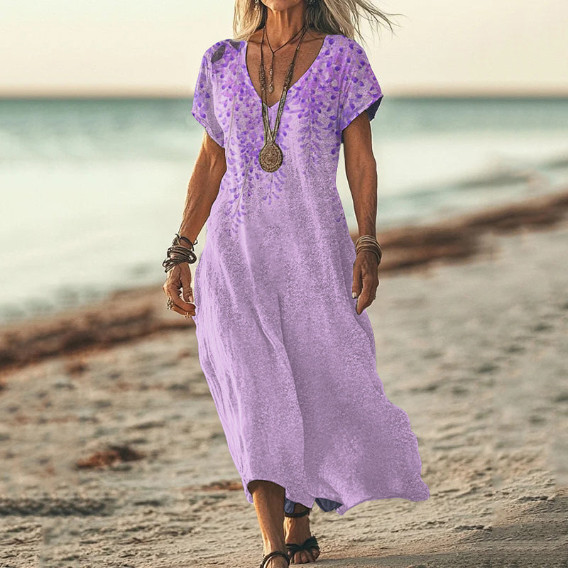 Vintage Violet Floral Art Pattern Casual Maxi Dress elevenforest