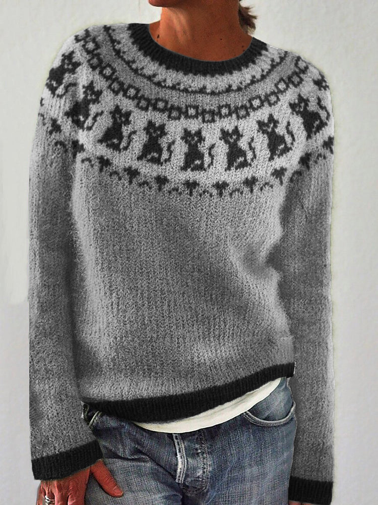 Vintage Cats Pattern Knit Cozy Sweater elevenforest