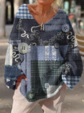 Stitch Buttons And Geometric Pattern Women's V-neck Shirt elevenforest