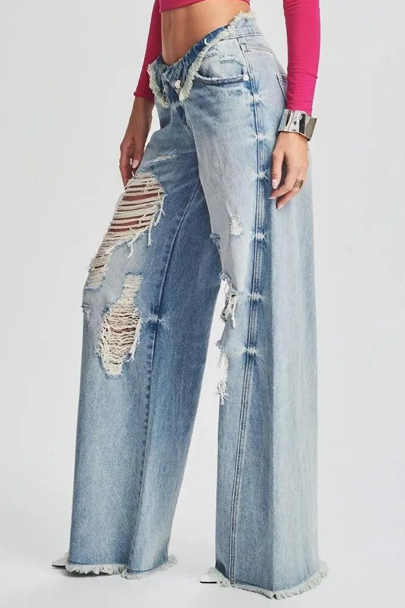 Ripped Patchwork Mid Waist Regular Denim Jeans (subject to the Actual Object)