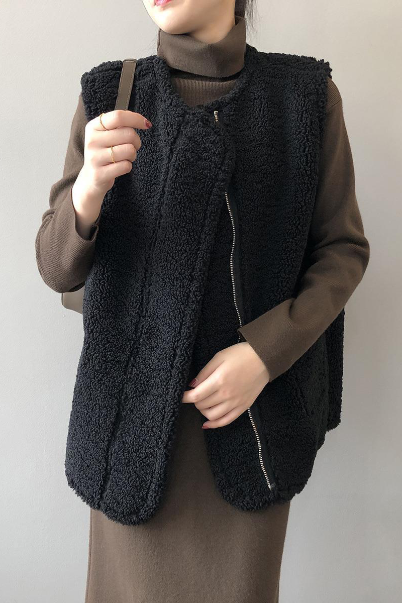Pocket Patchwork Fluffy O Neck Waistcoats