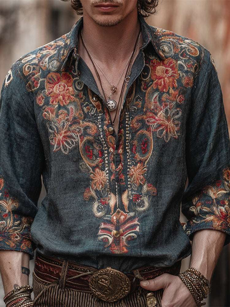 Bohemian Vintage Floral Men's Linen Long Sleeve Shirt elevenforest