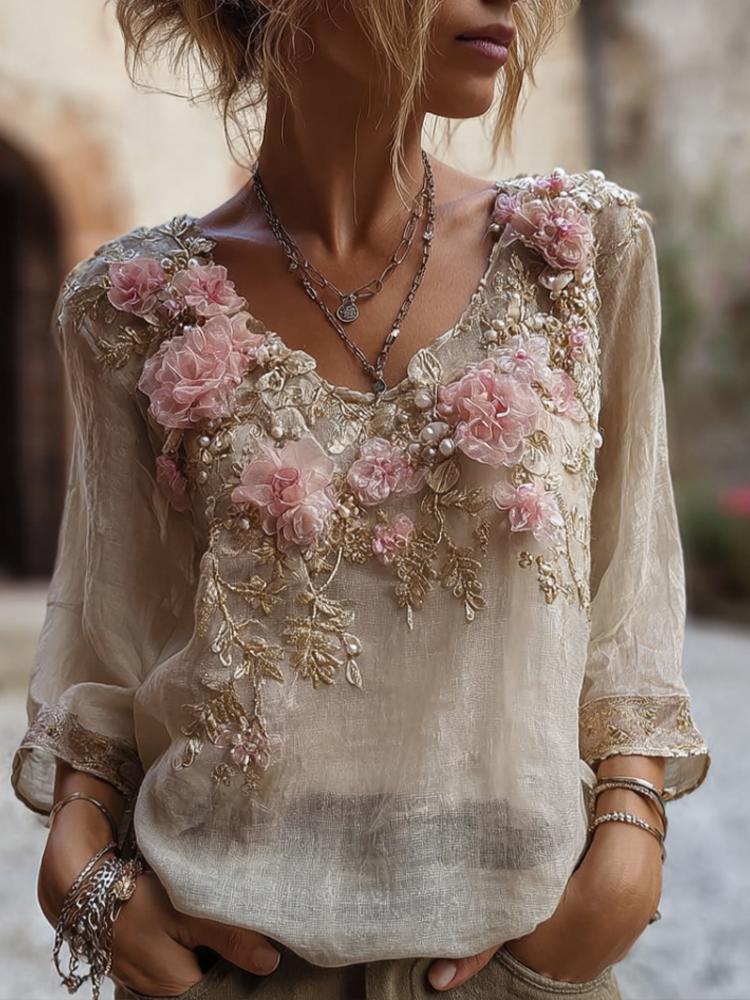 Bohemian Style Round Neck Short Sleeve Three-dimensional Flower Design Women's Thin Top elevenforest