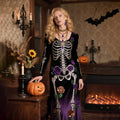 Vintage Halloween Skeleton Bones With Roses Flowy Velvet Maxi Dress elevenforest