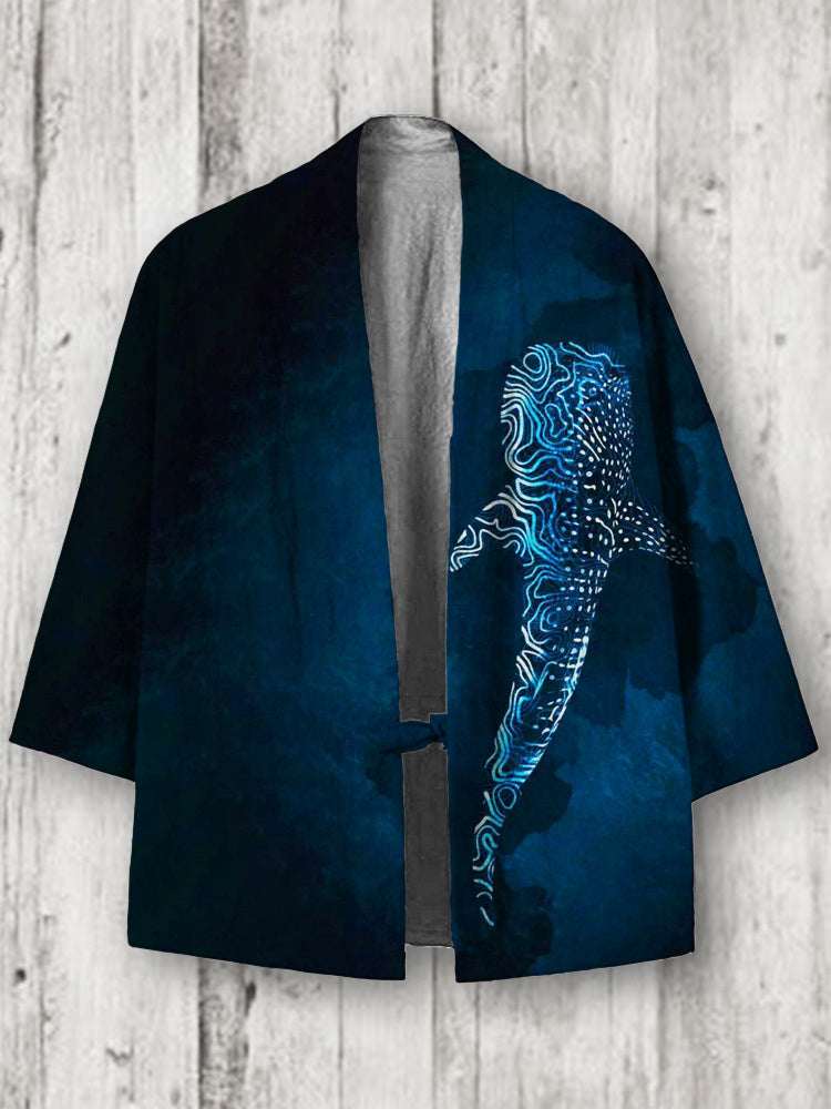 Luminous Line Whale Tie-Dye Print Linen Blend Kimono Cardigan elevenforest