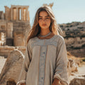 Vintage Greek Key Linen Blend Crew Neck T-shirt elevenforest