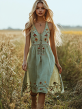 Vintage Boho Floral Art Linen V Dress elevenforest