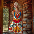 Bohemian Style Flower And Bird Pattern Retro Print Women's Dress elevenforest
