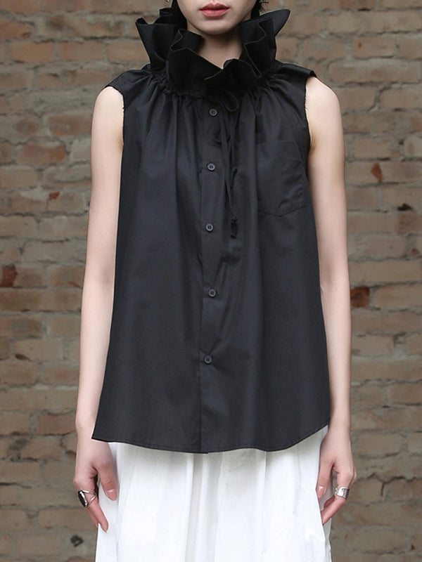Sleeveless Pleated Color Statement Collar Blouses&shirts Tops