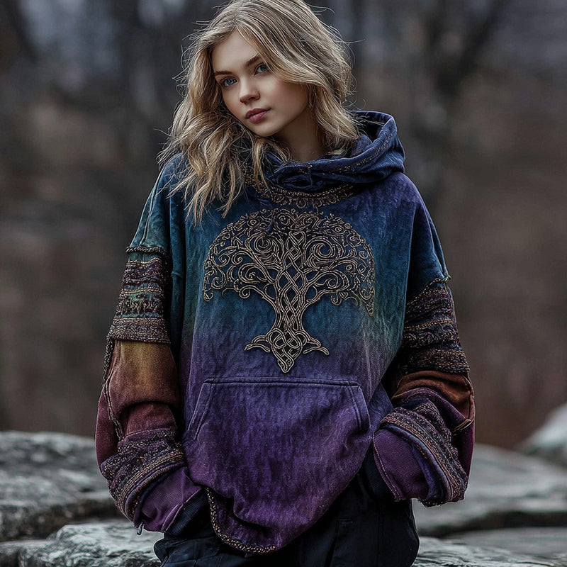 Women's Vintage Viking Celtic Knot Tree Of Life Graphic Warm Hoodie elevenforest