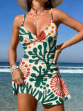 V-Neck Geometry Art Coral Anemone Print Suspender Skirt Tankini Pantskirt Set Swimsuit