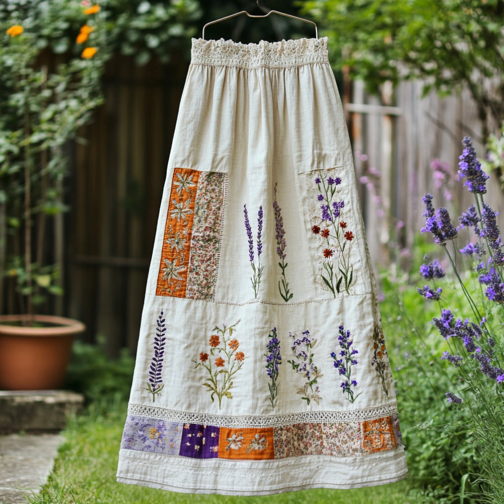 Women's Lace Flowers Embroidery Art Linen Blend Skirt elevenforest
