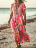 Women's Vintage Ethnic Floral Art Print Pocket Cotton Dress