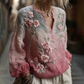 Women's Vintage Pink Floral Gradient Pattern Linen V-neck T-shirt elevenforest