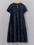 Vintage Japanese Traditional Sashiko Art Pattern Painting V-Neck Dress