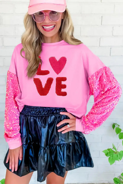 Chenille Love Sequin Sleeve Sweatshirt Pink