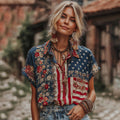 Women's Retro Flag Style Embroidered Linen Blend Shirts elevenforest