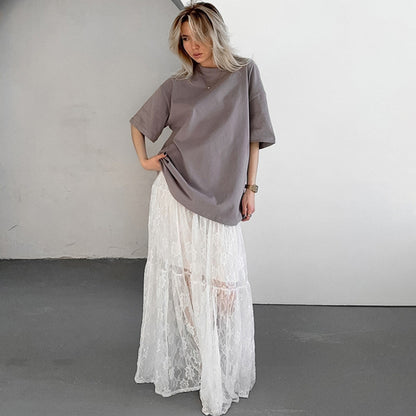 Taruxy Jacquard See-through High-waisted Skirt ’s Summer New Loose A-line Long Skirt Lace Patchwork Color Female