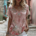 Women's Floral Butterfly Embroidered Linen Blend T-shirt elevenforest