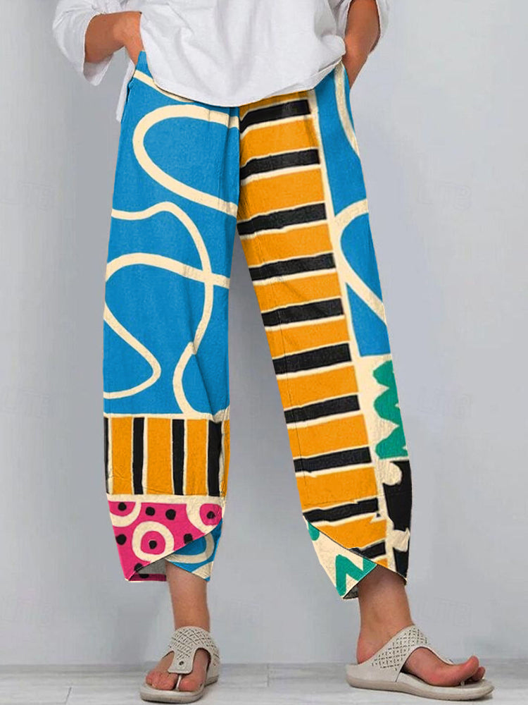 Women's Abstract Art Striped Pattern Linen Blend Pants elevenforest