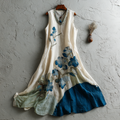 Women's Vintage Japanese Sakura Artistic Linen Sleeveless Dress elevenforest