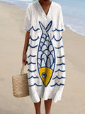 Women's Vintage Fish Art Print Flowy Casual Midi Dress