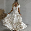Women's White Rose Embroidery Art V-neck Short Sleeve Maxi Dress elevenforest