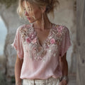 Vintage Pink Boho Roses Embroidered Linen T Shirt elevenforest