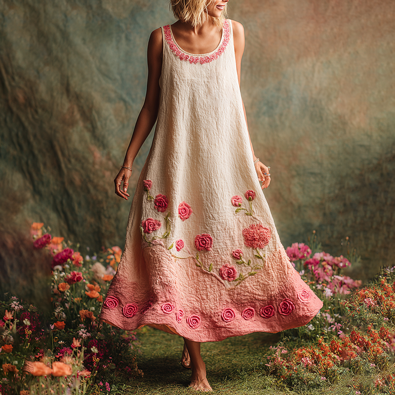 Pink Floral Embroidered Gradient Linen Tank Maxi Dress elevenforest