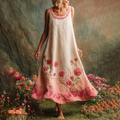 Pink Floral Embroidered Gradient Linen Tank Maxi Dress elevenforest