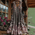 Women's Boho Floral Art V Neck Comfy Midi Dress elevenforest