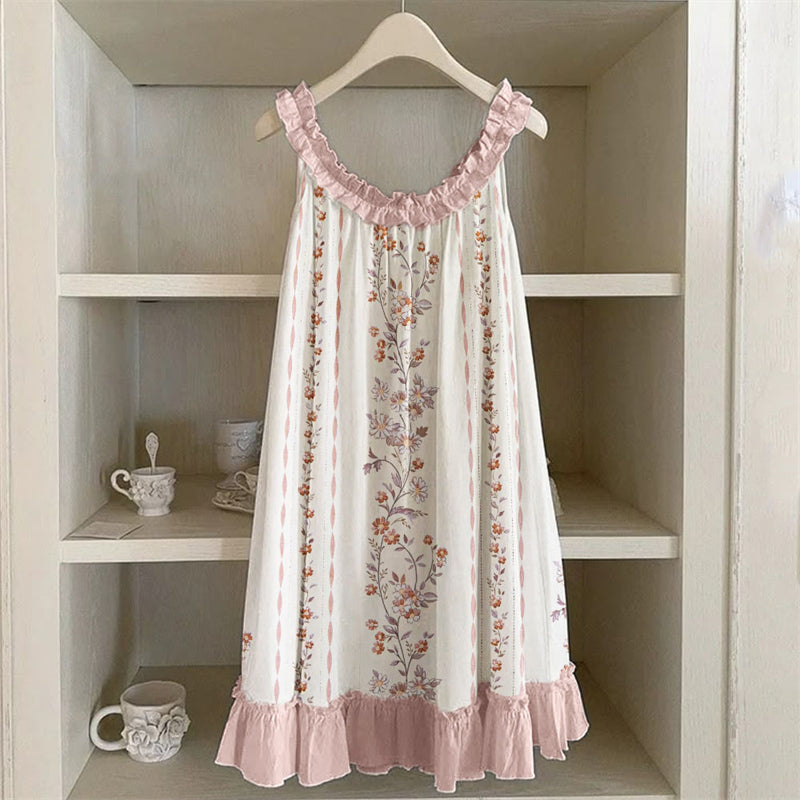 Vintage Floral Pink Ruffle Trim Linen Dress elevenforest