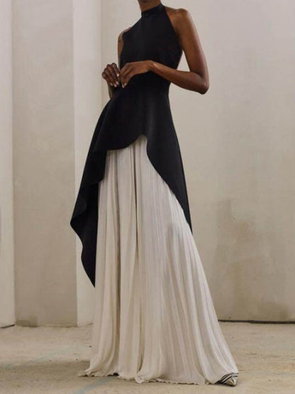 Original Sleeveless Irregularity Color High-neck T-shirt Top&pleated Skirt Bottom Two Pieces Set
