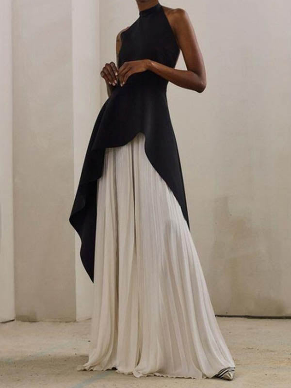 Original Sleeveless Irregularity Color High-neck T-shirt Top&pleated Skirt Bottom Two Pieces Set