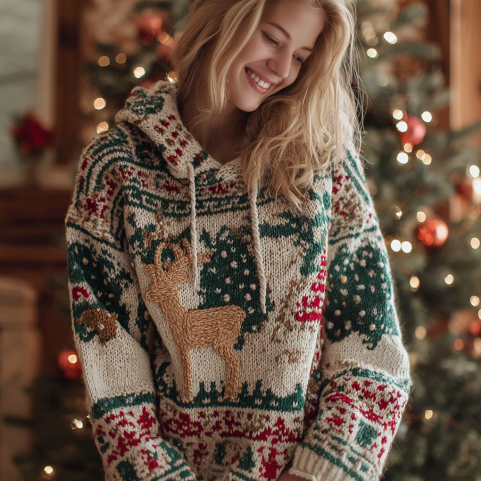 Comstylish Christmas Atmosphere Woman's Hooded Knitted Sweater