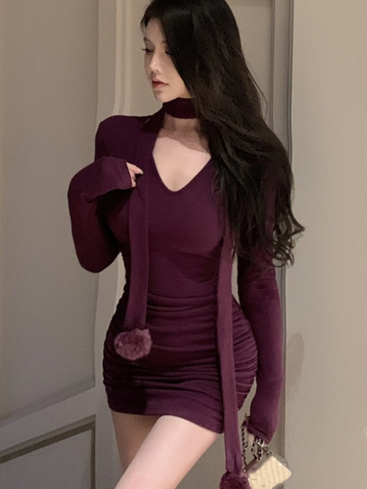 Mini Dress Autumn Spring V-neck Halter Long Sleeve Wrap Hip Slim Korean Style Y2k Simple Vestidos Mujer