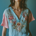 Women's Floral Blue And Pink Embroidery V Neck Casual Linen Top elevenforest